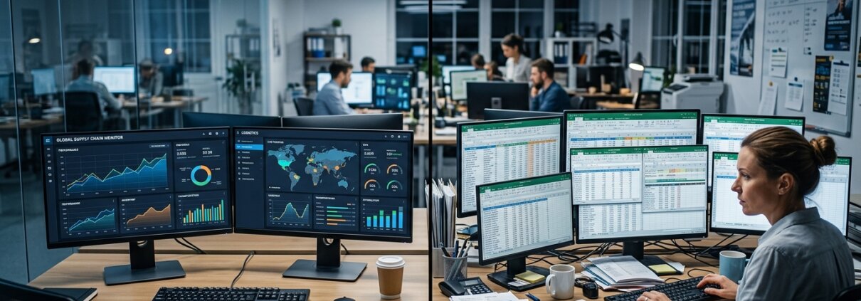 Digitale Dashboards neben einem unaufgeräumten Schreibtisch mit Excel-Listen, passend zum Thema Schattenadministration in der Logistik.