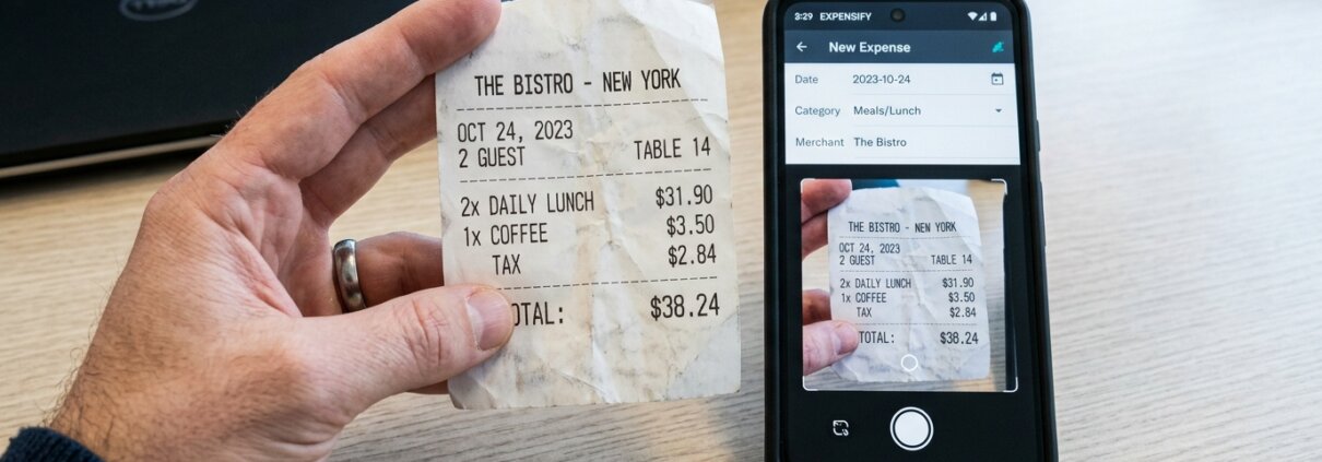 Eine Hand hält einen Beleg neben einer mobilen App für Spesenabrechnungen in einer modernen Büroumgebung – Best Practices der Verarbeitung.