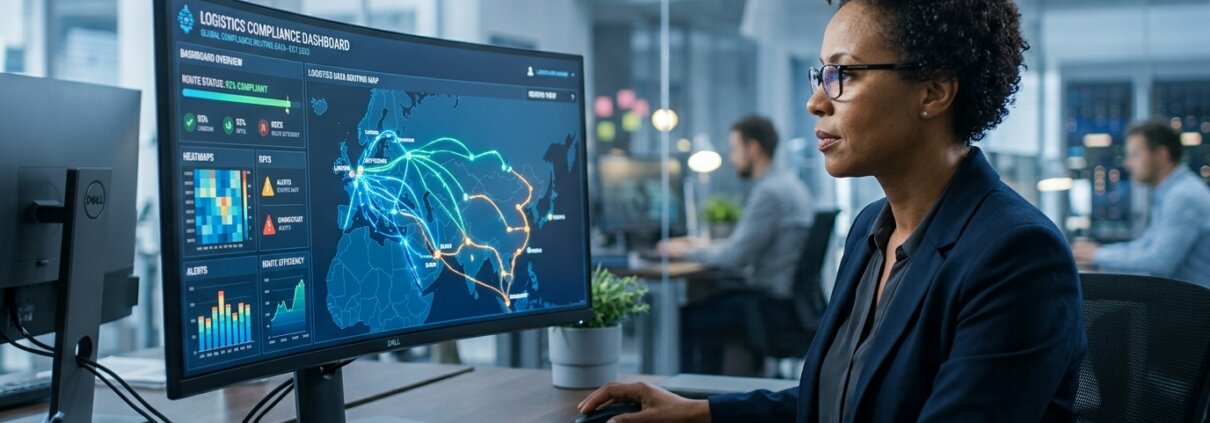 Logistics manager reviews a supply chain data sovereignty dashboard on a modern digital screen
