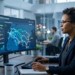 Logistics manager reviews a supply chain data sovereignty dashboard on a modern digital screen