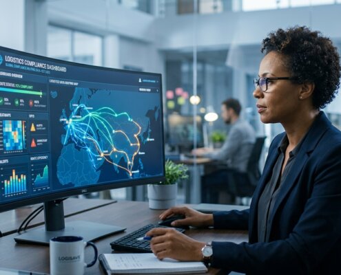 Logistics manager reviews a supply chain data sovereignty dashboard on a modern digital screen