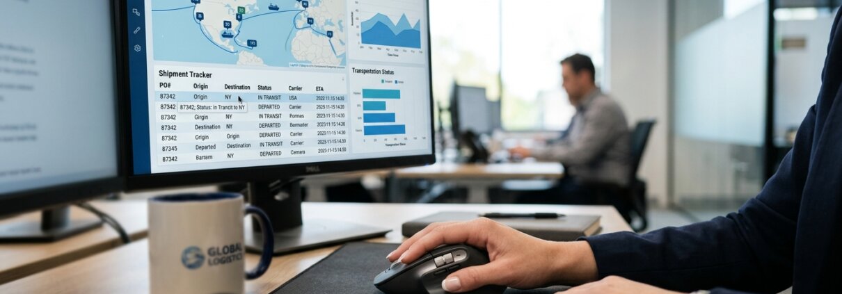 Planer analysiert Supply Chain OTIF Abweichungen auf einem Monitor mit Tracking-Software in einer modernen Büroumgebung.