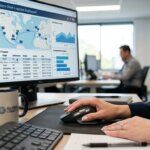 Planner analyzing supply chain OTIF deviations on a monitor with tracking software in a corporate office environment.