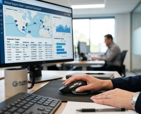 Planner analyzing supply chain OTIF deviations on a monitor with tracking software in a corporate office environment.