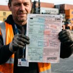 Logistics worker holding a stamped CMR document in front of a shipping container, highlighting the challenges of logistics OCR template management.