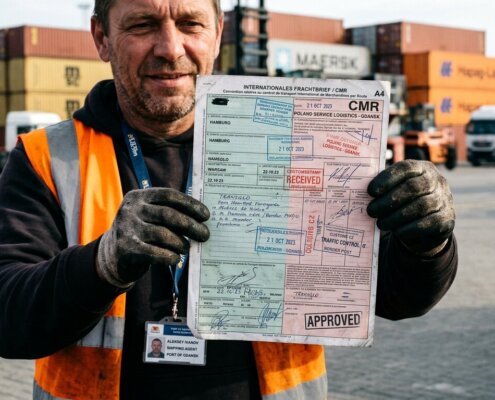 Logistics worker holding a stamped CMR document in front of a shipping container, highlighting the challenges of logistics OCR template management.