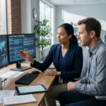 Logistics specialists analyzing FAK rates and NAC contracts on dual monitors in a modern office setup.