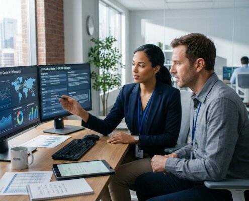 Logistics specialists analyzing FAK rates and NAC contracts on dual monitors in a modern office setup.