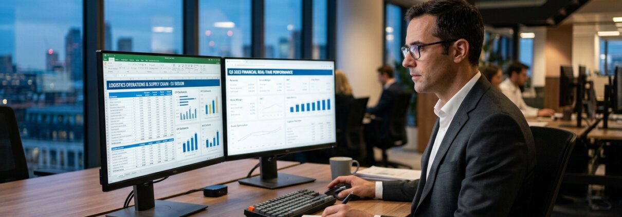 Finanzexperte prüft Optionen zum Auslagern der Umsatzsteuervoranmeldung auf Monitoren in einem modernen Bürogebäude zur blauen Stunde.