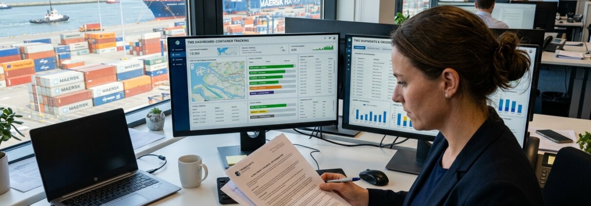 Logistics manager reviewing shipping contracts alongside TMS dashboards to prevent unexplained ocean freight margin erosion.