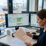Logistics manager reviewing shipping contracts alongside TMS dashboards to prevent unexplained ocean freight margin erosion.