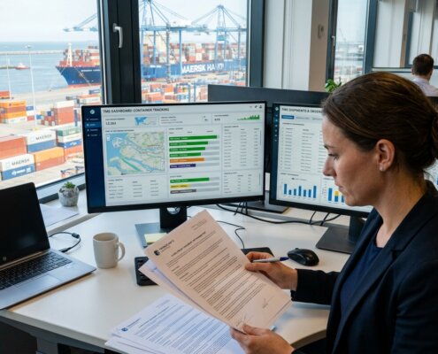 Logistics manager reviewing shipping contracts alongside TMS dashboards to prevent unexplained ocean freight margin erosion.