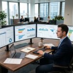 Financial specialist analyzing order data and unit of measure mismatches for invoice processing in a modern office building.