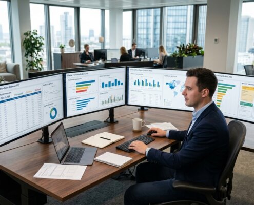 Financial specialist analyzing order data and unit of measure mismatches for invoice processing in a modern office building.