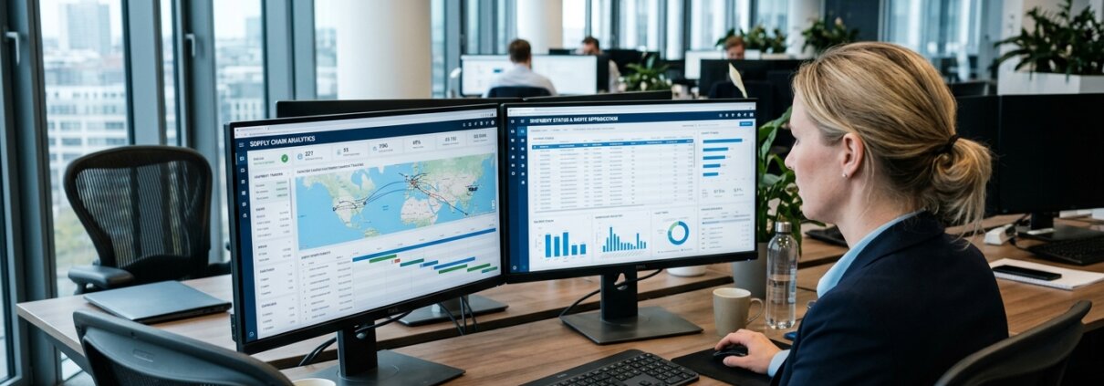 Logistikexperte analysiert Daten auf Bildschirmen für die administrative Verarbeitung von Gutschriften in einem modernen Büro.