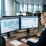 Logistikexperte analysiert Daten auf Bildschirmen für die administrative Verarbeitung von Gutschriften in einem modernen Büro.