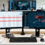 Dual-Screen-Setup mit doppelten Daten im CRM links und blockierter Logistik rechts in einem modernen Büro.
