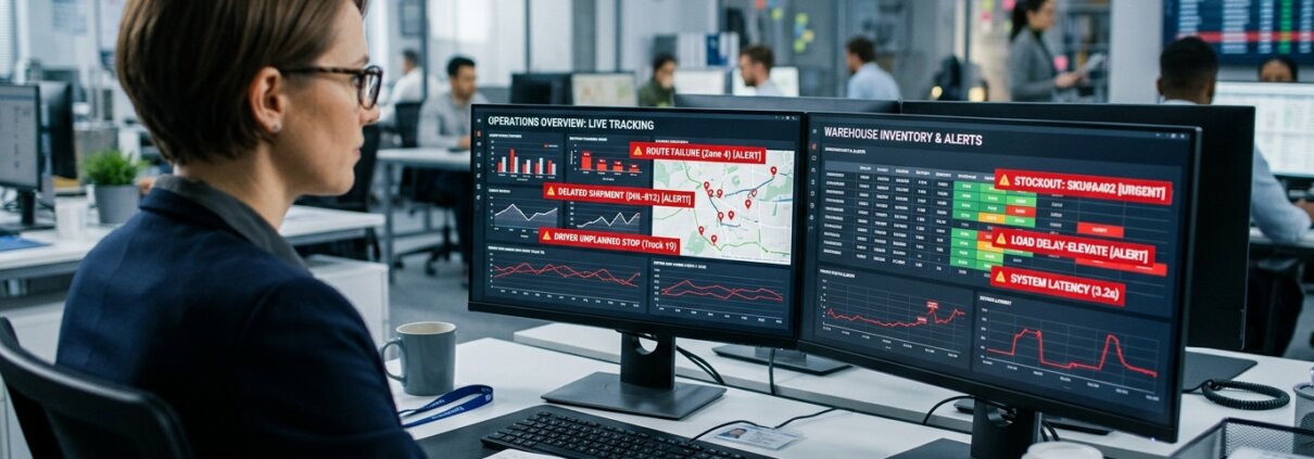 Operationeller Stratege betrachtet ein Dashboard mit roten Fehlermeldungen zur Analyse von Supply Chain Alert Fatigue