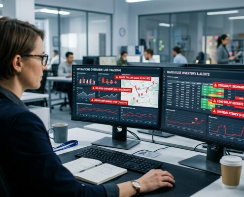 Operationeller Stratege betrachtet ein Dashboard mit roten Fehlermeldungen zur Analyse von Supply Chain Alert Fatigue