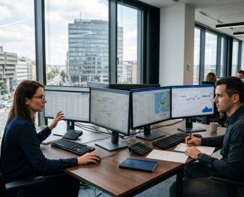 Data analysts reviewing logistics manifests for auditable supply chain carbon accounting in a corporate office.