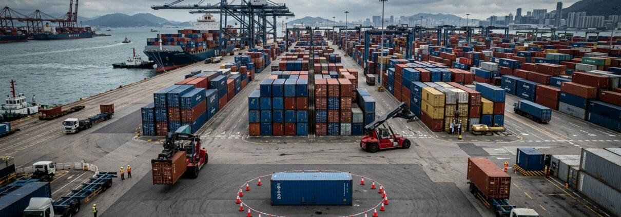 Isolierter Container mit Pylonen in einem geschäftigen Hafen, der Zollverzögerung LCL Sendungen illustriert.