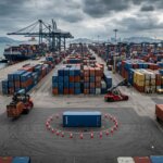 Isolierter Container mit Pylonen in einem geschäftigen Hafen, der Zollverzögerung LCL Sendungen illustriert.