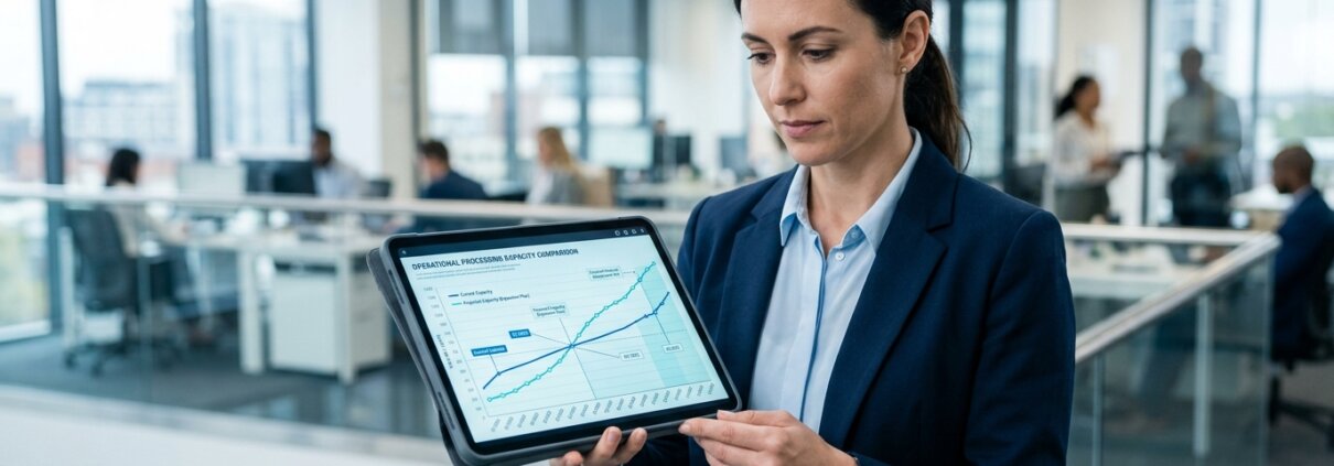 Tablet met grafiek over de doorlooptijd autoschade en operationele capaciteit in een zakelijke omgeving.