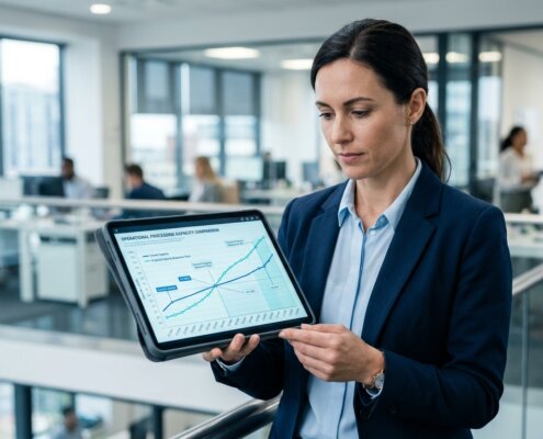 Tablet met grafiek over de doorlooptijd autoschade en operationele capaciteit in een zakelijke omgeving.