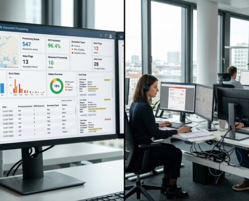 Logistiek dashboard en data specialisten die een AI pilot schalen in een modern kantoor voor procesvalidatie.