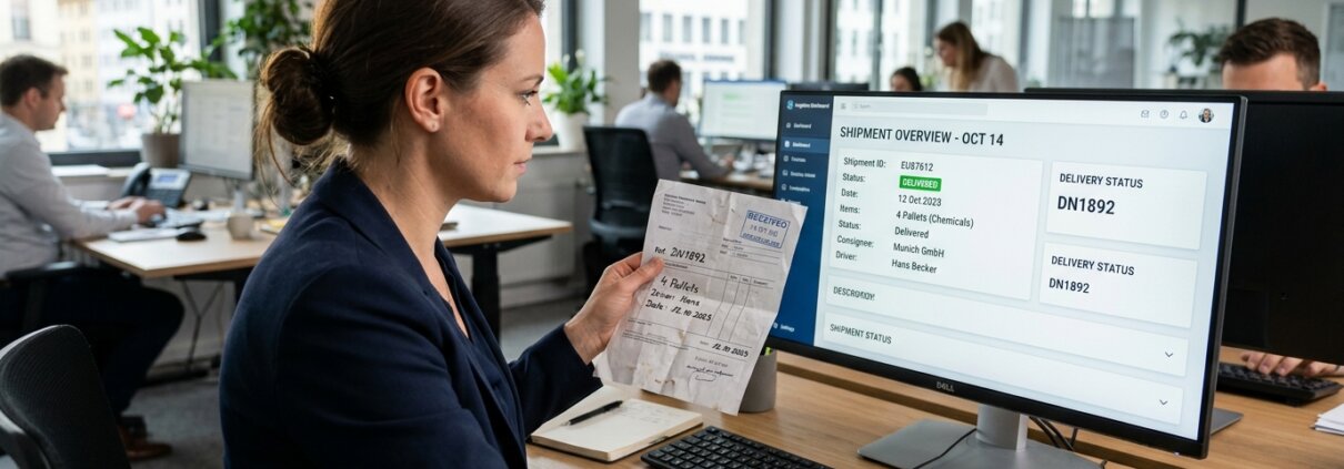 Logistiek manager vergelijkt papieren vrachtbrief met digitaal dashboard voor POD verwerking automatiseren.