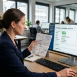 Logistiek manager vergelijkt papieren vrachtbrief met digitaal dashboard voor POD verwerking automatiseren.