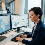 Logistiek manager analyseert routes op monitors om discrepanties zeevrachttarieven oplossen in een havenkantoor.