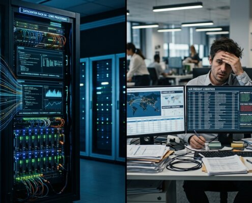 Serverrack en een overwerkte logistiek medewerker die een capaciteitsprobleem bij AI implementatie visualiseren.