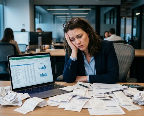 Gefrustreerde financial bij een stapel bonnetjes voor een maandafsluiting onkostendeclaraties in een modern kantoor.