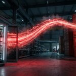 Rode datastroom van server naar containers in magazijn, wijzend op geautomatiseerd CMS beheer problemen.