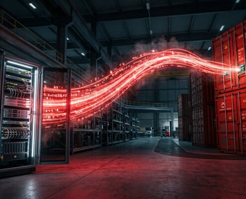 Rode datastroom van server naar containers in magazijn, wijzend op geautomatiseerd CMS beheer problemen.