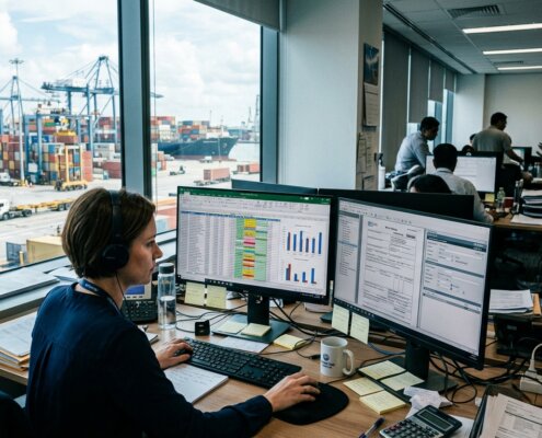 Logistiek medewerker analyseert data voor kortlopende zeevrachtdeals in een druk kantoor met uitzicht op de terminal.