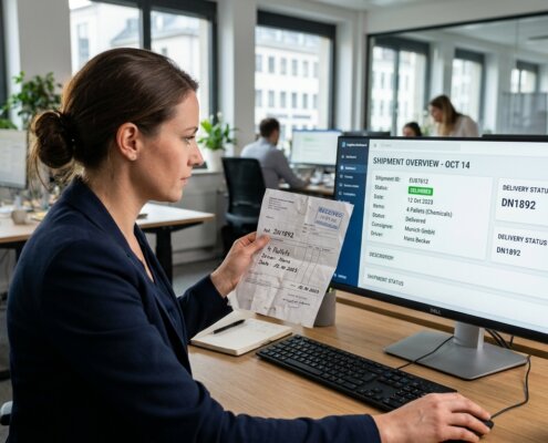 Logistics manager comparing a paper waybill with a digital dashboard for automating POD processing.