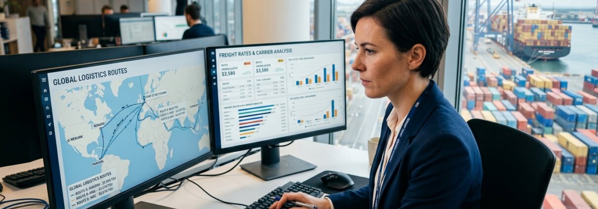 Logistikmanager analysiert Routen auf Monitoren, um Diskrepanzen bei Seefrachtraten zu lösen in einem Hafenbüro.
