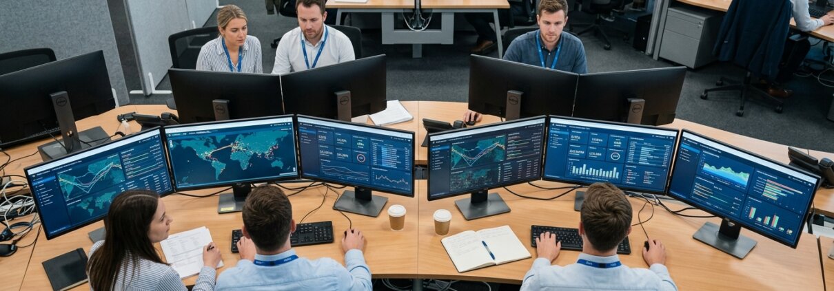 Data analysts in a logistics center ensuring continuous customer data quality on control room dashboards.