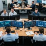 Data analysts in a logistics center ensuring continuous customer data quality on control room dashboards.
