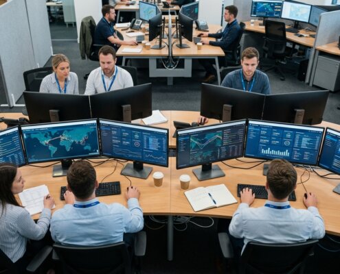 Data analysts in a logistics center ensuring continuous customer data quality on control room dashboards.