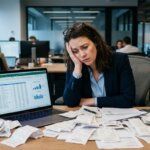 Frustrated finance professional dealing with a pile of receipts for the expense report month-end close in a modern corporate office.