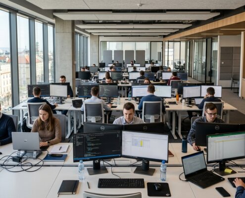 Professionals in modern kantoor werken aan snelle doorlooptijd zakelijke onboarding bij georganiseerde bureaus.