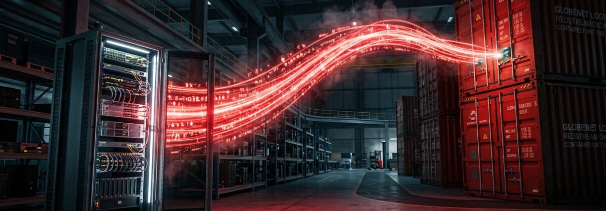 Roter Datenstrom von einem Server zu Containern in einem Lagerhaus, symbolisiert Probleme bei automatisiertem CMS-Management.