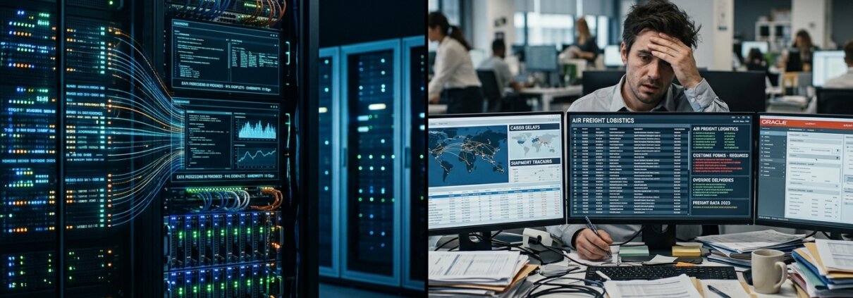 Server rack and an overwhelmed logistics employee visualizing a capacity bottleneck during AI implementation.