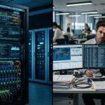 Server rack and an overwhelmed logistics employee visualizing a capacity bottleneck during AI implementation.