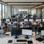 Professionals in a modern office working efficiently to improve corporate onboarding turnaround times at organized desks.