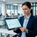 Tablet with a graph showing auto claim processing time and operational capacity in a corporate setting.
