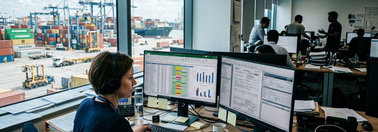 Logistics employee analyzing data for short-term ocean freight deals in a busy office overlooking a container terminal.